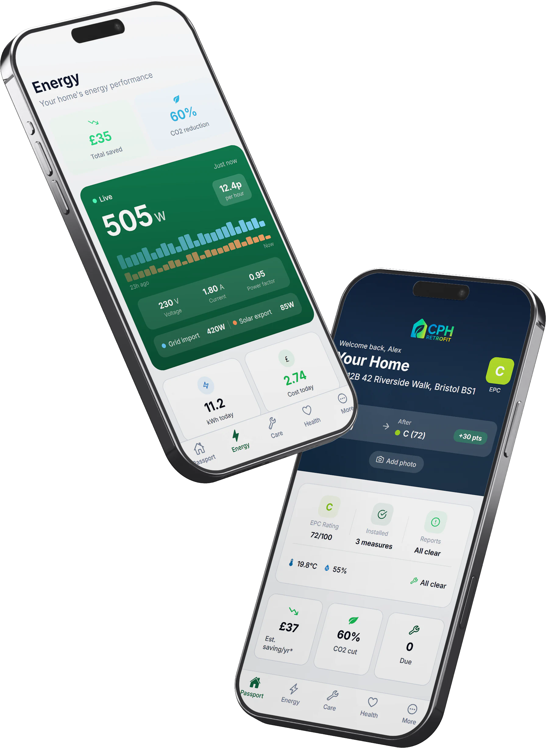 HomePassport passport and energy screens on iPhone