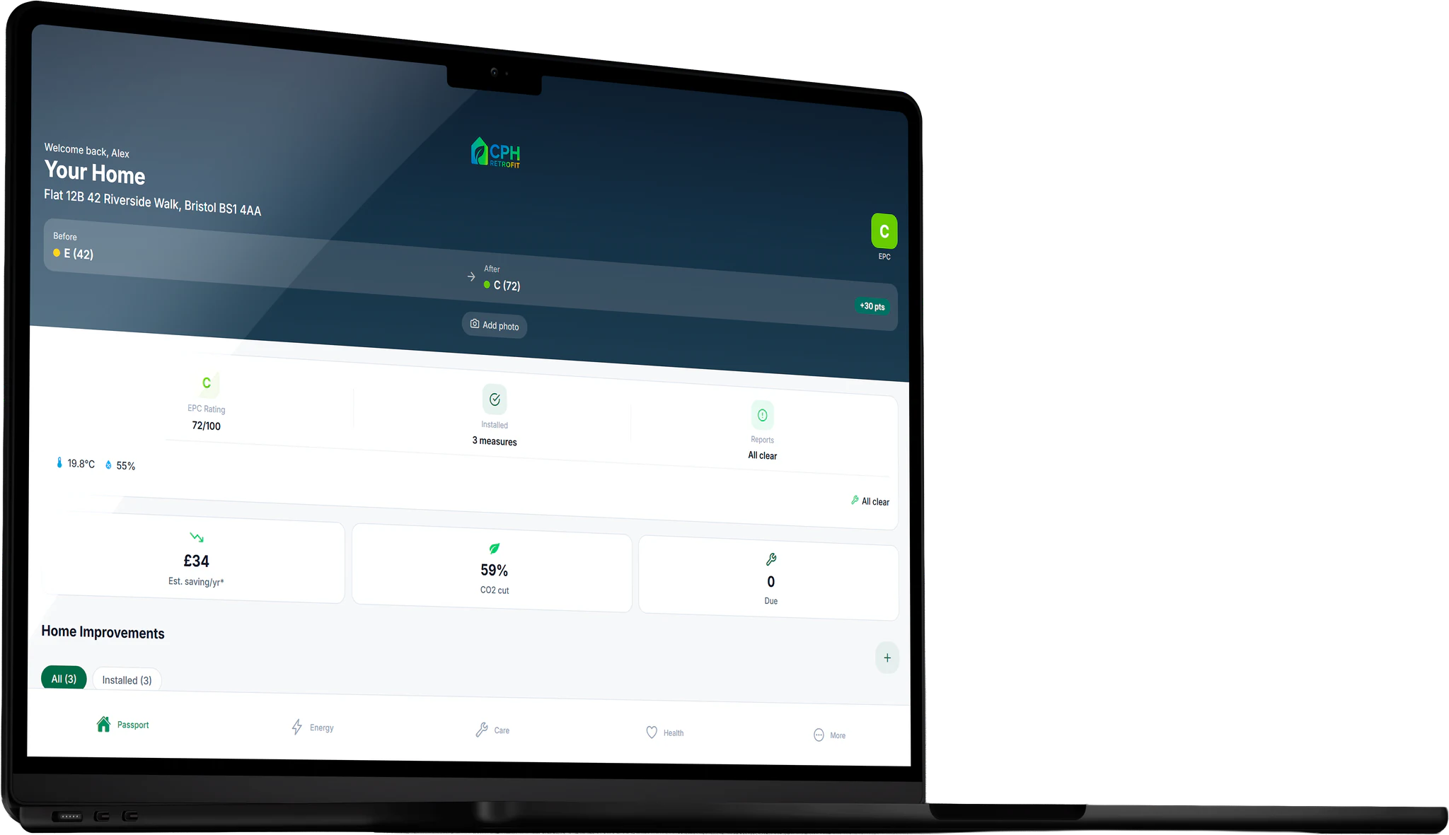 HomePassport passport home on desktop — EPC rating and property overview