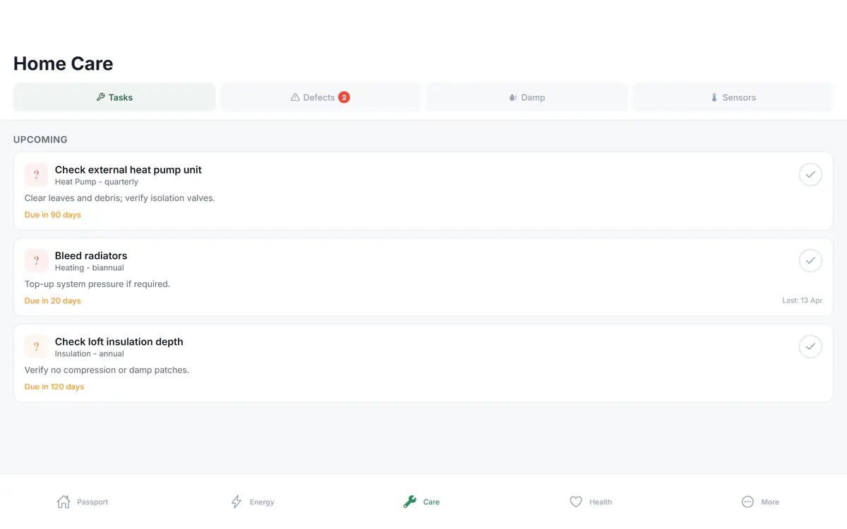 HomePassport care tab showing maintenance and property health